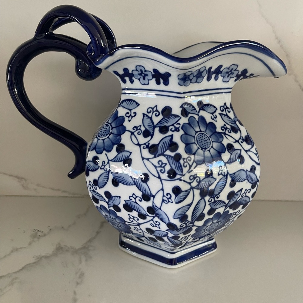 vintage Seymour Mann blue and white porcelain pitcher.